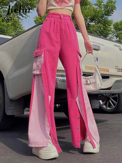 Jielur-Jean Droit Taille Haute pour Femme, Pantalon Cargo Sexy, Mode Décontractée, Streetwear Chic, Disponible en Rose, Collection Automne, Y2k