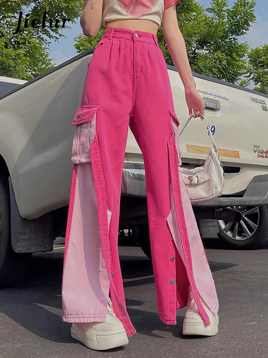 Jielur-Jean Droit Taille Haute pour Femme, Pantalon Cargo Sexy, Mode Décontractée, Streetwear Chic, Disponible en Rose, Collection Automne, Y2k