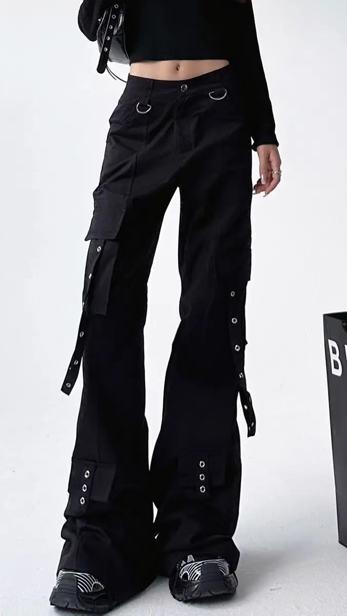 Pantalon évasé cargo gothique noir pour femme, vintage, Harajuku, années 90, rétro, taille haute, jambe large, fjStreetwear, années 2000, Y2k