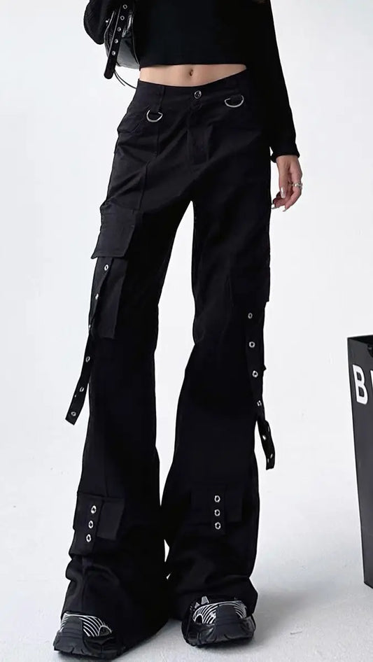 Pantalon évasé cargo gothique noir pour femme, vintage, Harajuku, années 90, rétro, taille haute, jambe large, fjStreetwear, années 2000, Y2k