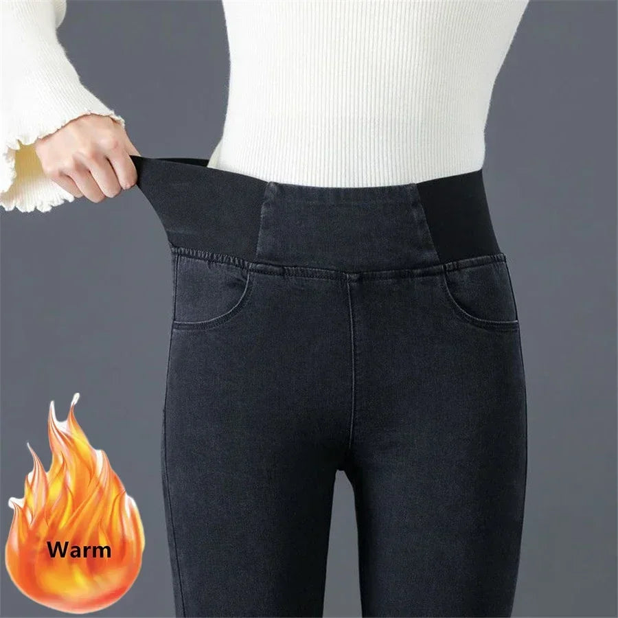 Pantalon crayon en denim skinny épais pour femme, jean décontracté, doublé de velours en peluche, taille haute, coréen, chaud, commandé, hiver, nouveau