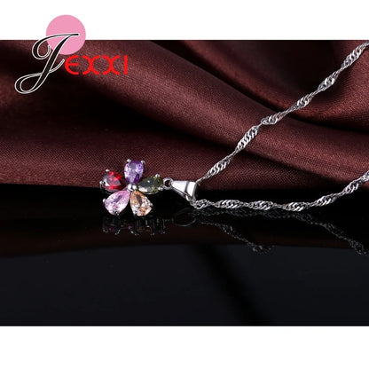 Kendning Flower-Ensembles de bijoux pendentif en cristal coloré CZ, collier en argent regardé 925, boucles d'oreilles pendantes et créoles