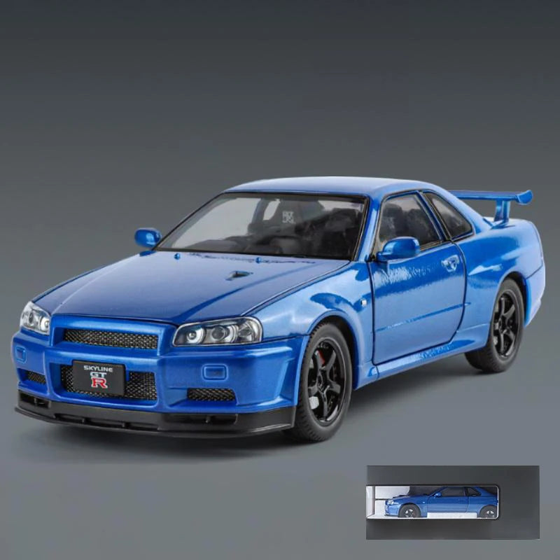 1:24 GTR R34 Skylin Diecast Modèle En Métal De Voiture Son Et Lumière Tirer Supercar Sport Racing Collection Loisirs Vacances Cadeau Garçon