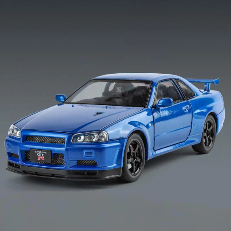 1:24 GTR R34 Skylin Diecast Modèle En Métal De Voiture Son Et Lumière Tirer Supercar Sport Racing Collection Loisirs Vacances Cadeau Garçon