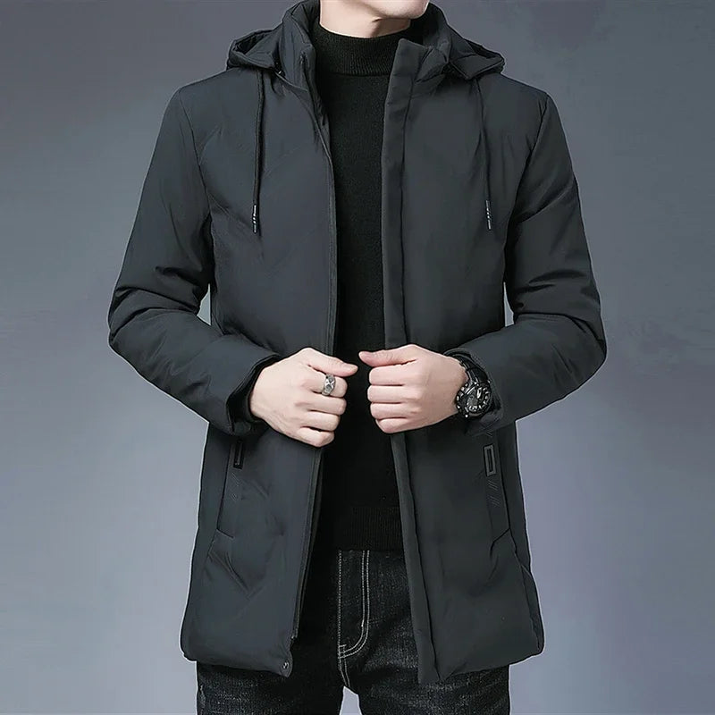 Manteau coupe-vent à capuche pour hommes avec fermeture éclair, parkas longues monochromes, coupe couvertes, veste épaisse chaude, vêtements d'extérieur rembourrés en coton, mode