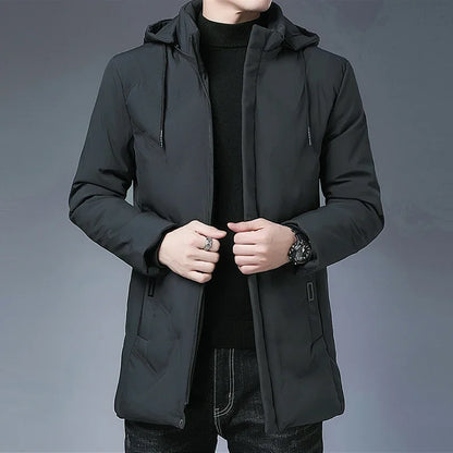 Manteau coupe-vent à capuche pour hommes avec fermeture éclair, parkas longues monochromes, coupe couvertes, veste épaisse chaude, vêtements d'extérieur rembourrés en coton, mode