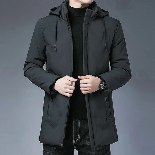 Manteau coupe-vent à capuche pour hommes avec fermeture éclair, parkas longues monochromes, coupe couvertes, veste épaisse chaude, vêtements d'extérieur rembourrés en coton, mode