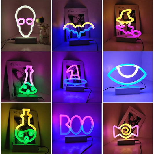 Décoration d'halloween néons chapeau de sorcière bonbons fantôme lampe de fête pour chambre Bar café décor éclairage crâne bébé veilleuse