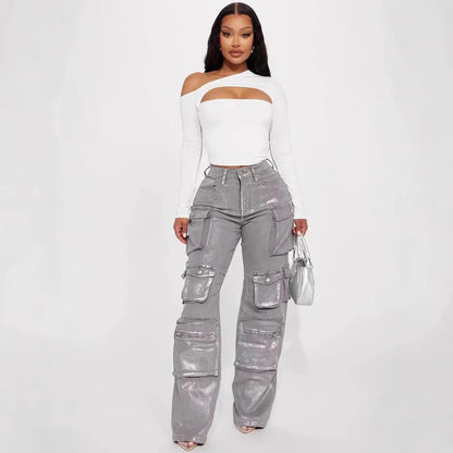 Jean Cargo en Denim pour Femme, Taille Moyenne, Délavé, Poches Multiples, Bronzé, Longueur au Sol, Streetwear, Fjm Droit, 2025