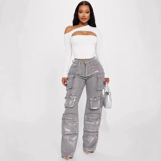 Jean Cargo en Denim pour Femme, Taille Moyenne, Délavé, Poches Multiples, Bronzé, Longueur au Sol, Streetwear, Fjm Droit, 2025
