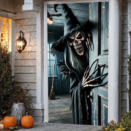 Décoration de porte d'Halloween, monstre squelette terrifiant ouvre la porte, adapté à la maison, à la cuisine, au porche, aux fêtes dans le jardin