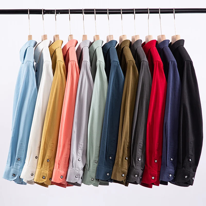 Nouveau 100% pur coton hommes chemises manches longues couleur unie doux coupe régulière chemise décontractée poche Social Blouse hommes vêtements S-7XL