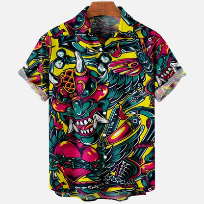 Chemise hawaïenne à manches courtes pour hommes, vêtements amples et respirants, imprimé diable horreur en 3d, été, 2024