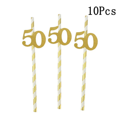Pailles en papier à rayures dorées, 1 sac, numéro 30e 40e 50e 60e, lunettes à ceinture, pailles à boissons joyeux anniversaire pour adultes, décoration de fête en ballon