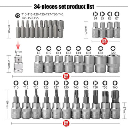 Kit automobile de douilles de réparation chromées, 34 pièces, entraînement mâle femelle Torx couple Tork Star Bit