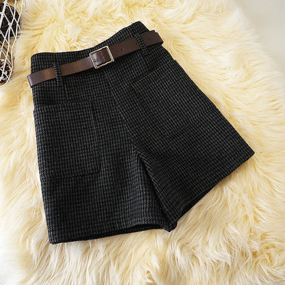 Short en laine pied-de-poule pour femme, bottes slim rétro taille haute, grande taille, avec poches en laine, jambes larges, nouvelle collection automne et hiver