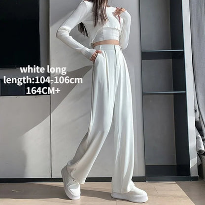 Pantalon décontracté taille haute pour femmes, jambes larges, ample, longueur au sol, costumes blancs, pantalons longs pour dames, nouvelle collection printemps automne