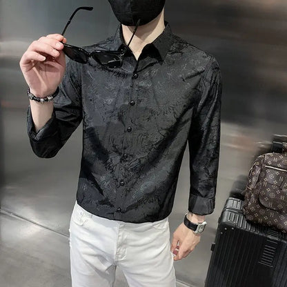 Chemises fines droites à col rabattu pour hommes, beau, monochromatique, bouton d'impression décontracté, affaires, vêtements pour hommes, mode printemps, été, 2023