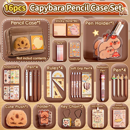 Ensemble de trousse à crayons Capybara avec fournitures, Kit de papeterie 6/9/14/16 pièces, comprend un support, une stylo, un porte-clés, des autocollants, une broche, des Clips pour Hobbis