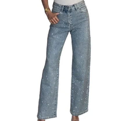 Jean droit pour femmes diamants pantalon Stretch taille haute lavé poches en détresse Vintage Denims Streetwear femme pantalon