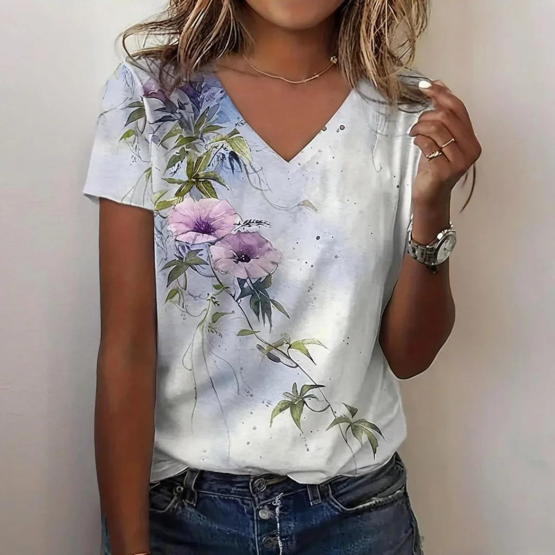 T-shirt femme été décontracté extérieur col en v blouse à manches courtes motif imprimé polyvalent grande taille ample confortable court