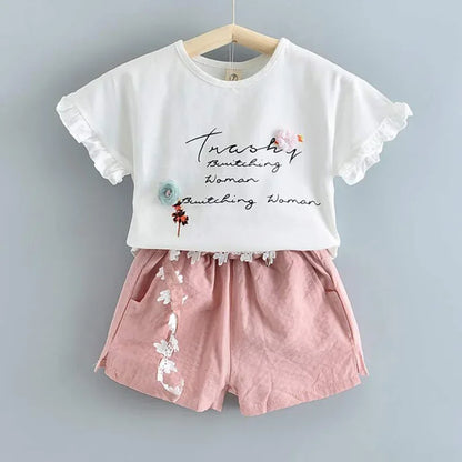 BEAR LEADER-Ensemble d'été décontracté en mousseline de soie pour enfant, t-shirt et pantalon bleus à fleurs, pour fille de 3 à 7 ans, nouvelle collection