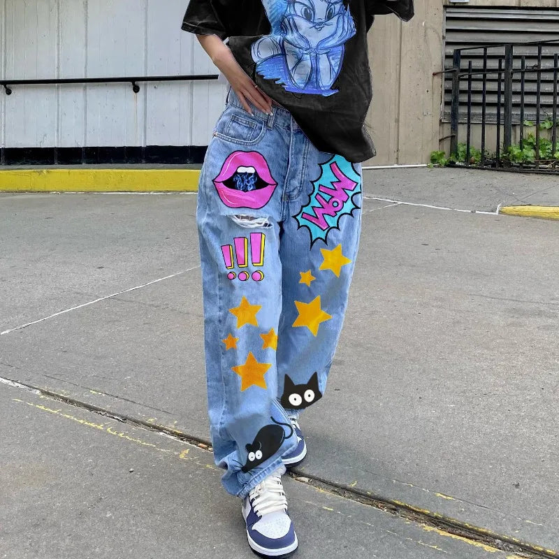 Jean Denim Imprimé Coeur pour Femme, Denim Découpé, Vêtements Danemark die, Streetwear, Taille Haute, Pantalon Baggy, Bleu, Y2k, Harajuku, Mode