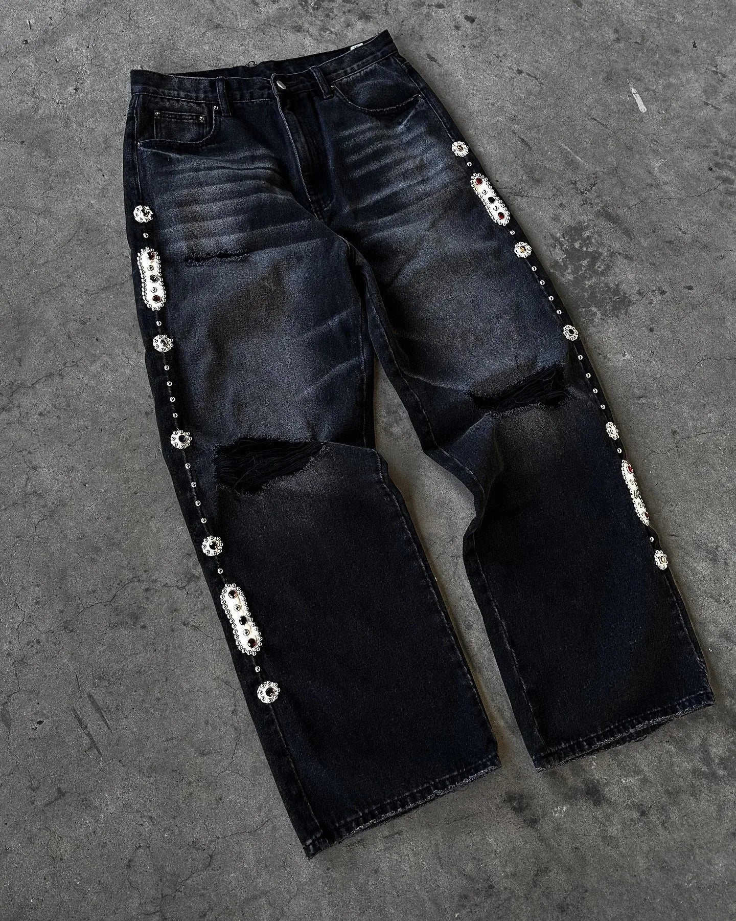 Hommes femmes cerisier fleur chevalier tout broderie Denim pantalon Y2k Vintage Baggy rue jean droit taille haute lavé bleu Jean