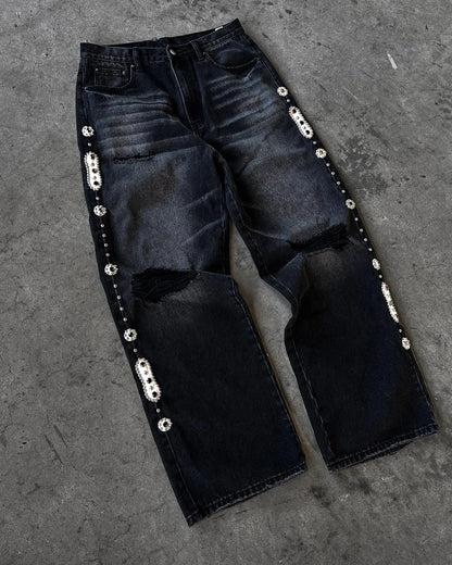 Hommes femmes cerisier fleur chevalier tout broderie Denim pantalon Y2k Vintage Baggy rue jean droit taille haute lavé bleu Jean