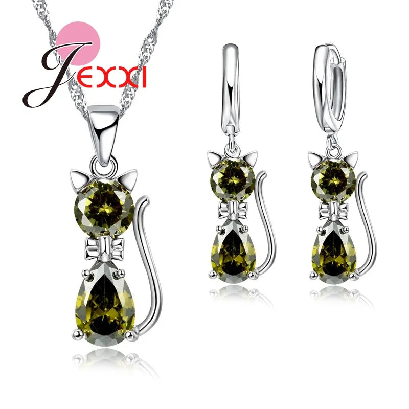 Ensembles de bijoux en argent pour femmes, livraison rapide, fiançailles romantiques, chat mignon, collier, boucles d'oreilles avec cristal autrichien