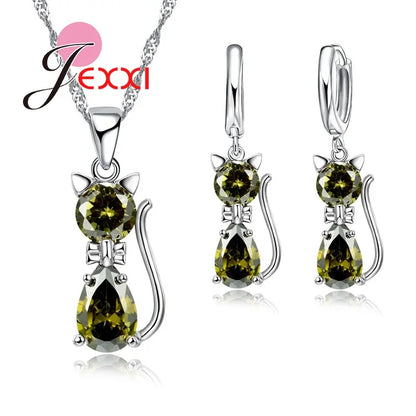 Ensembles de bijoux en argent pour femmes, livraison rapide, fiançailles romantiques, chat mignon, collier, boucles d'oreilles avec cristal autrichien