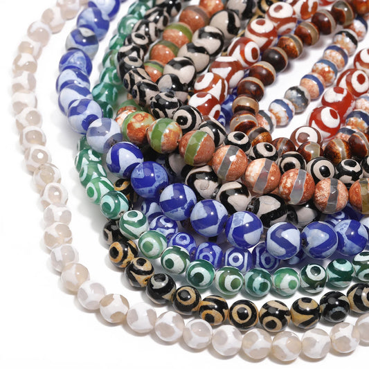 Perles rondes en agate Dzi naturelle, prière tibétaine, prairie mystique, perles pour bijoux, bricolage exécutif, accessoires de bracelet vintage, 6mm, 8mm, 10mm