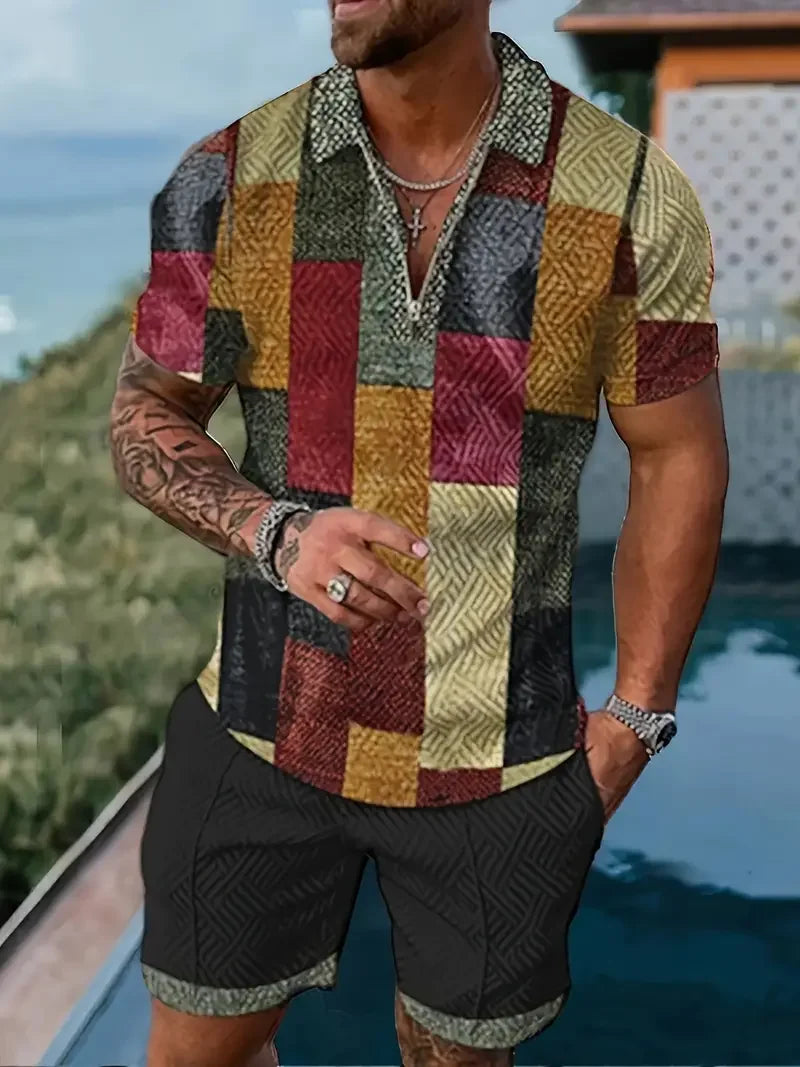 Polo et short College en 3D pour hommes, motif ethnique rétro, fermeture éclair, vêtements de rue décontractés, mode, nouveau, 2 pièces