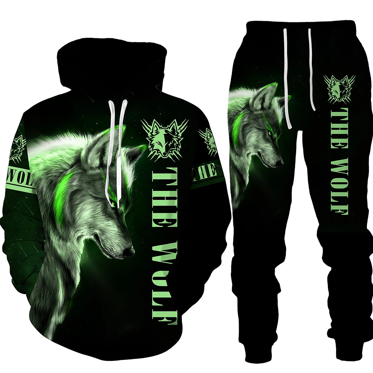 Ensemble de pantalons de survêtement et sweat à capuche College en 3D pour hommes, survêtement surdimensionné, streetwear imbibé, vêtements de sport, motif animal loup, hiver, automne