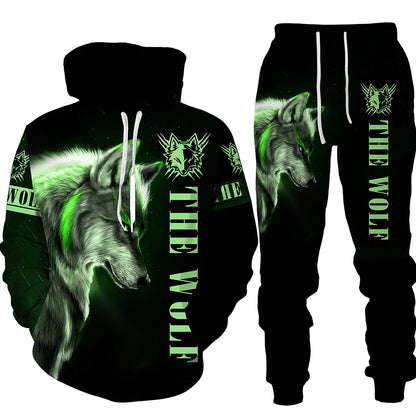Ensemble de pantalons de survêtement et sweat à capuche College en 3D pour hommes, survêtement surdimensionné, streetwear imbibé, vêtements de sport, motif animal loup, hiver, automne