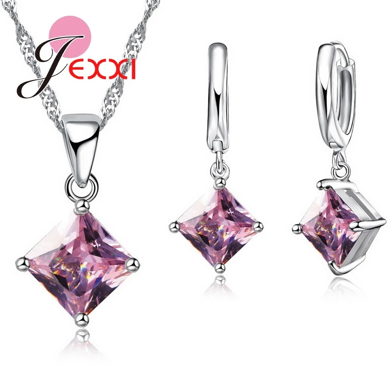Ensemble de bijoux de mariage en argent regardé 925 pour femme, beaux pendentifs, colliers et boucles d'oreilles, ensembles de bijoux en cristal clairs et carrés, 8 couleurs