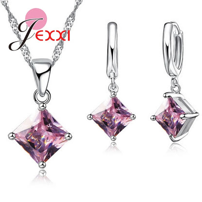 Ensemble de bijoux de mariage en argent regardé 925 pour femme, beaux pendentifs, colliers et boucles d'oreilles, ensembles de bijoux en cristal clairs et carrés, 8 couleurs