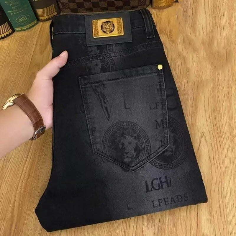 Jean Slim pour hommes, haut de gamme, européen, Version coréenne, décontracté, élastique, imprimé, pantalon Long, tendance pour jeunes