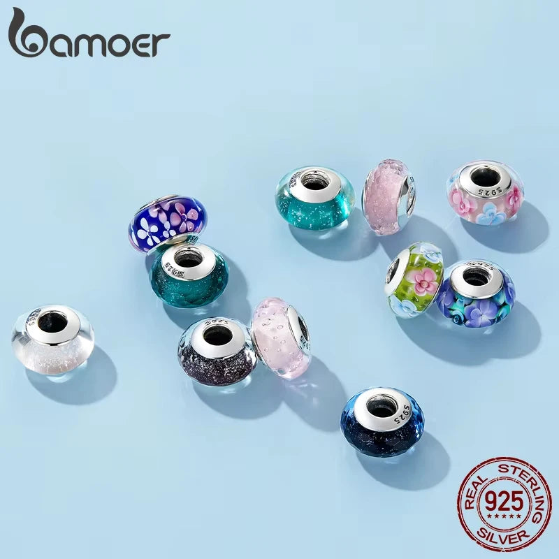 BAMOER 925 en argent Sterling belle fleur rose perles de charme en verre de Murano européen