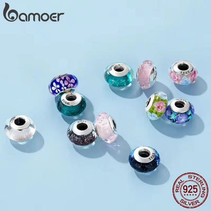 BAMOER 925 en argent Sterling belle fleur rose perles de charme en verre de Murano européen