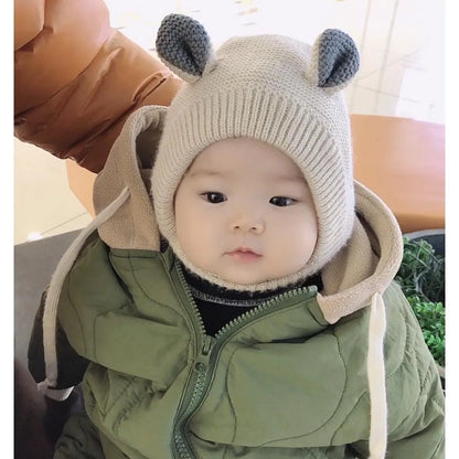 Bonnet en tricot avec oreilles de dessin animé pour bébé, bonnet à oreillettes pour bébé, document solide, épais, peluche, chaud, enfants, protection des oreilles, hiver, mignon
