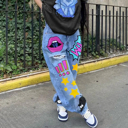 Jean Denim Imprimé Coeur pour Femme, Denim Découpé, Vêtements Danemark die, Streetwear, Taille Haute, Pantalon Baggy, Bleu, Y2k, Harajuku, Mode
