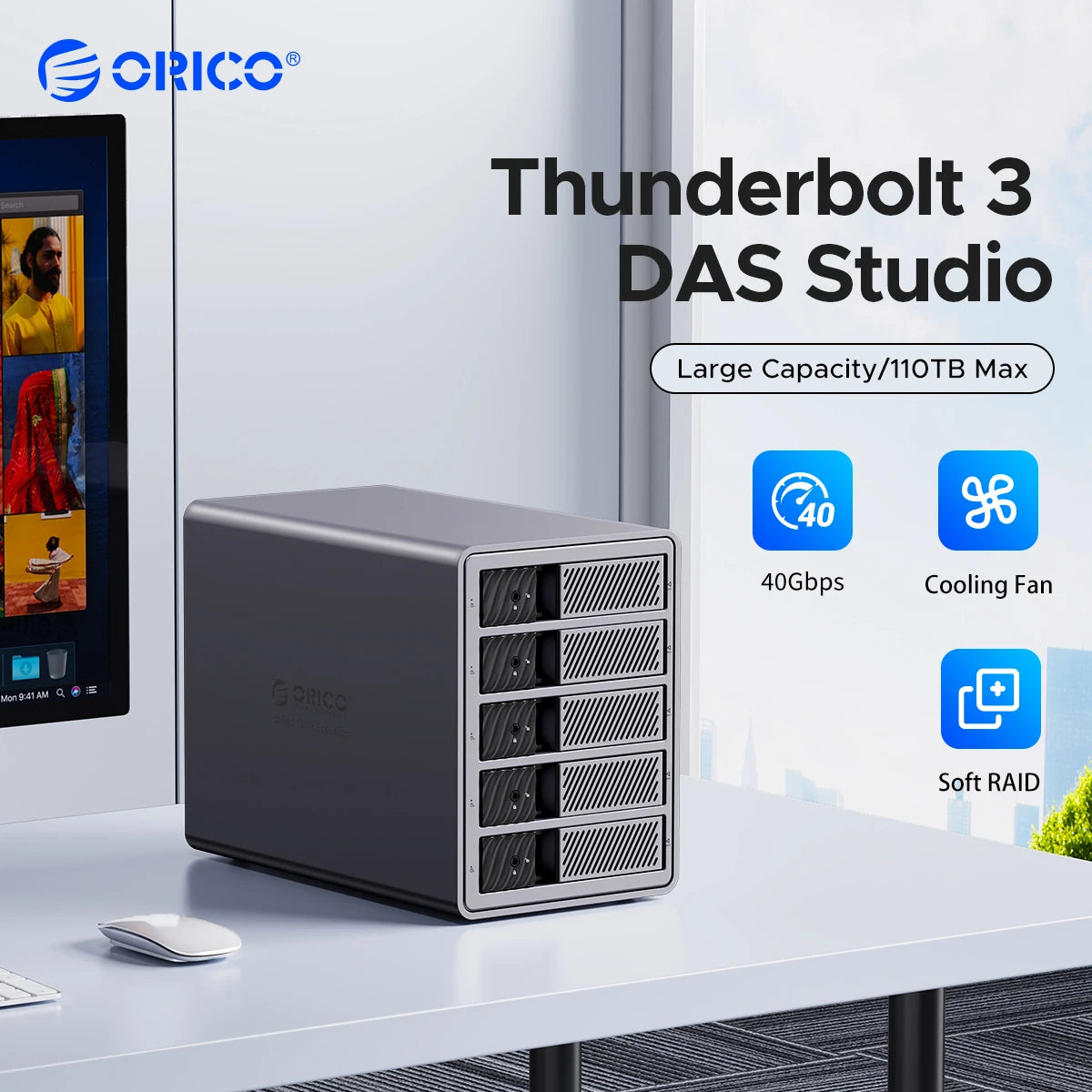 ORICO-Station d'accueil Andrjohd, DAS 5 baies, 40Gbps, destruction, Type-C 3.5, boîtier HDD, RAID souple, compatible avec Thunderbolt 3, ventilateur de refroidissement