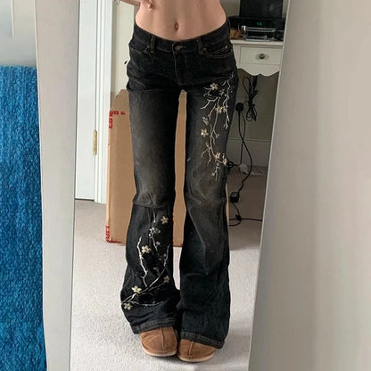 Jean Vintage brodé de fleurs Y2k années 2000, jean évasé taille basse, Baggy d'été pour femmes, mode Streetwear, pantalon en Denim