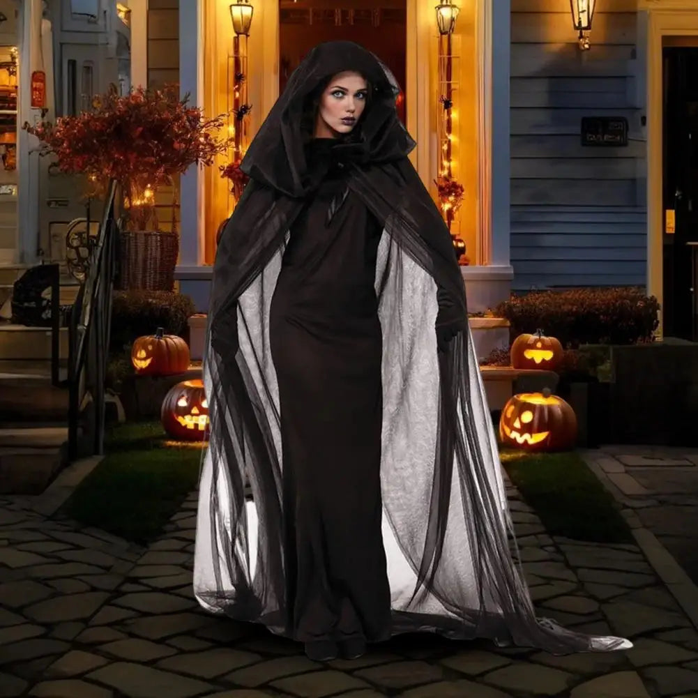 Cape de Costume de Cosplay fantôme d'halloween pour adulte, Cape de sorcière à lacets à capuche, Cape transparente pleine longueur avec capuche surdimensionnée