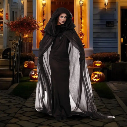 Cape de Costume de Cosplay fantôme d'halloween pour adulte, Cape de sorcière à lacets à capuche, Cape transparente pleine longueur avec capuche surdimensionnée