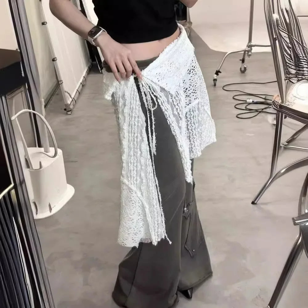 Jupe pliable à lacets pour fille épicée, blanche, romantique, rue, bord de fleur en dentelle creuse avec tablier, nouvelle collection 2024