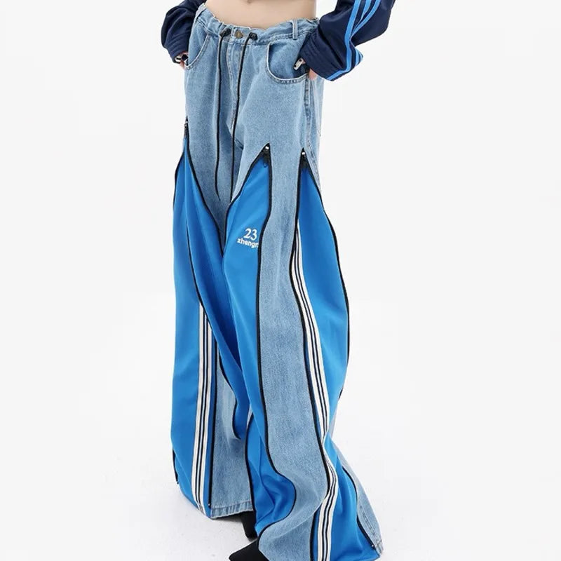 [EWQ] décontracté mode Style femmes Unique Denim pantalon Patchwork contraste couleurs jean conception fermeture éclair pantalon à jambes larges 16O7157