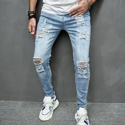 Jean slim déchiré personnalisé pour hommes, nouveau Style, couleur unie, extensible, petit pied, Streetwear, pantalon en Denim pour moto, 2024