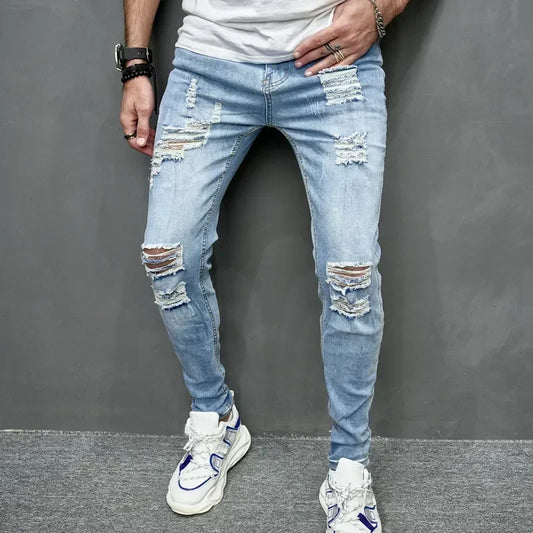 Jean slim déchiré personnalisé pour hommes, nouveau Style, couleur unie, extensible, petit pied, Streetwear, pantalon en Denim pour moto, 2024